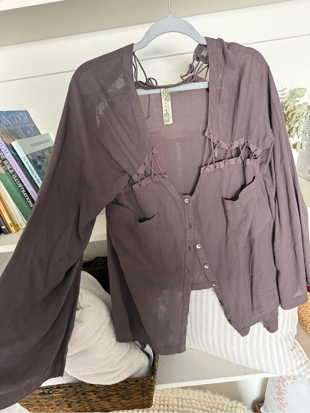 Free People Sheer Lace-Up Cocoa Button Front Blouse - Picture 4 of 5